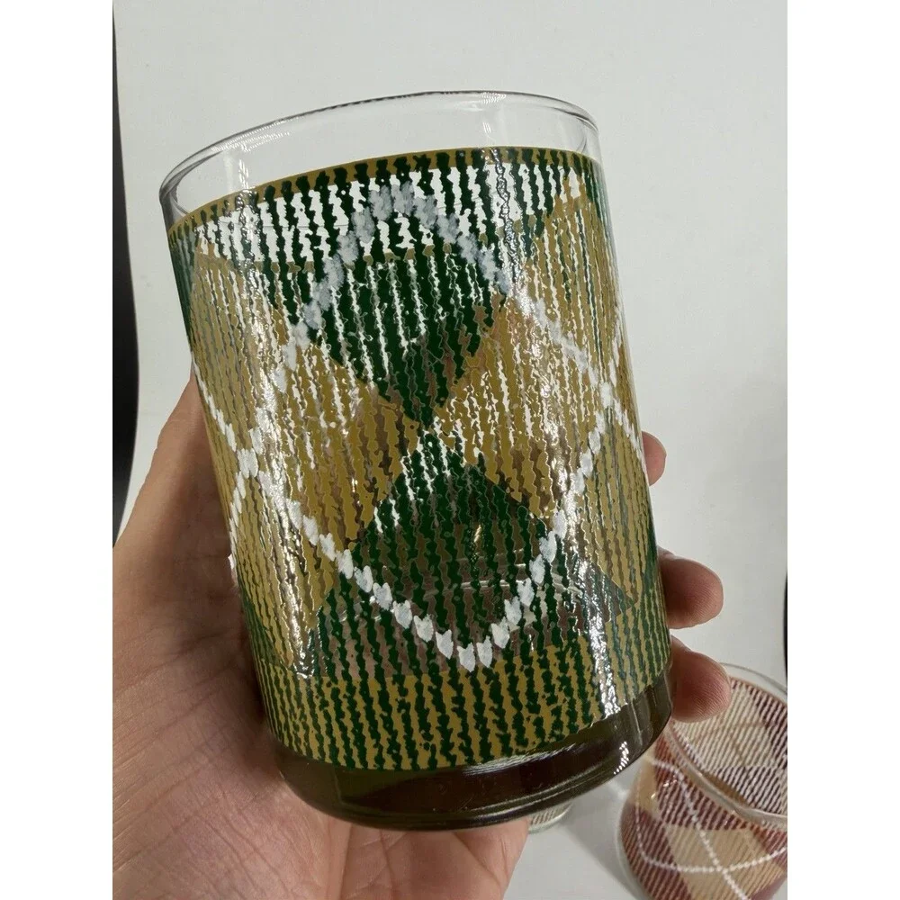 Vintage Rocks Glasses Set of 4 Mid Century Barware Diamond Plaid Harlequin